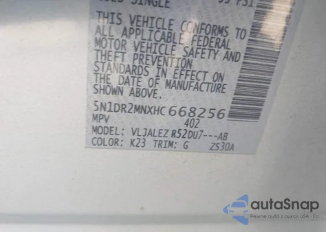 2017 Nissan Pathfinder Sv z USA, uszkodzony, nr VIN 5N1DR2MNXHC668256